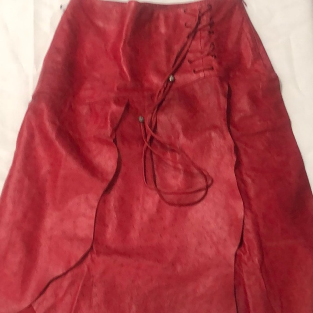 Leather Red Asymmetrical Wrap Midi Skirt